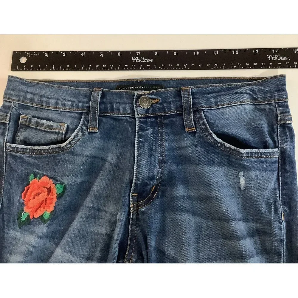 Flying monkey platinum jeans Women's Size 29 Skinny Embroidery Flower Distressed - Picture 4 of 13